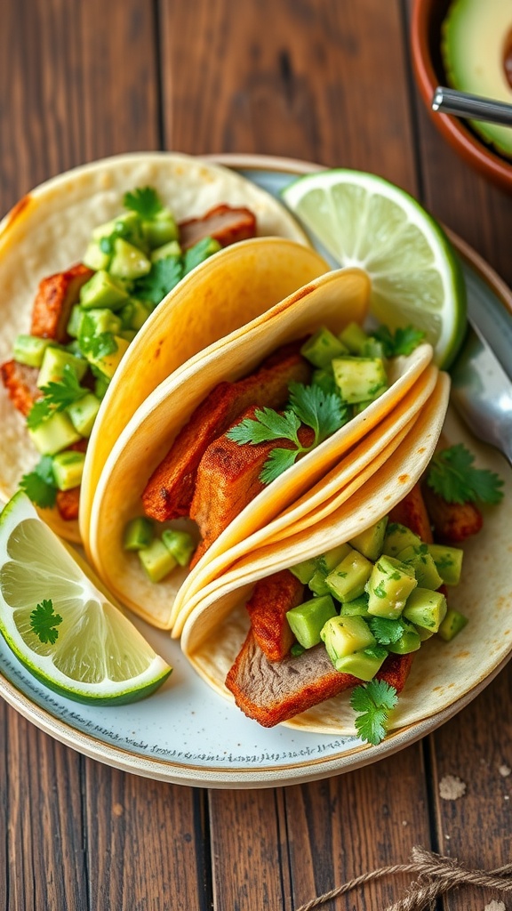 A plate of spicy duck tacos topped with avocado salsa on a rustic table.